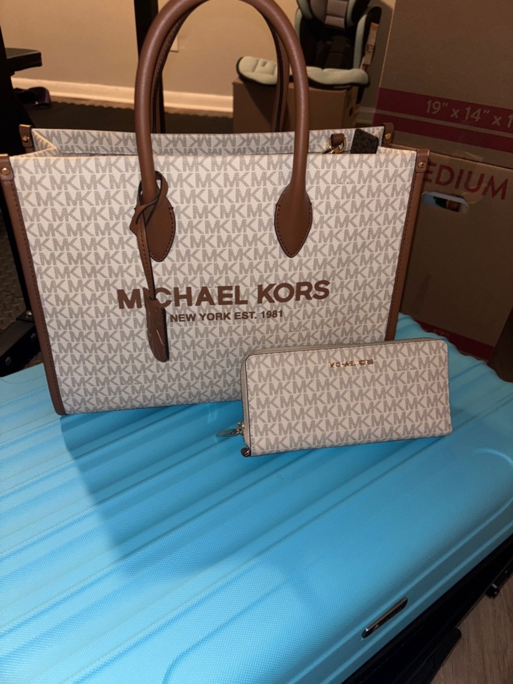 Michael Kors Beige & Brown MK Logo Tote with Matching Zip Wallet